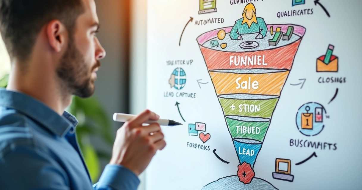 Fluxo do funil de vendas de uma PME mostrando etapas automatizadas com CRM 