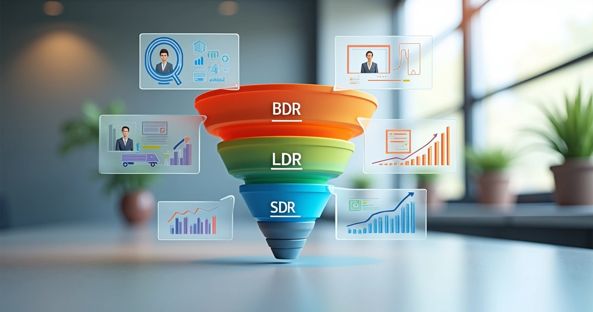BDR, LDR, SDR e Closer: diferença entre os papéis de vendas Fluxo do funil mostrando etapas BDR, LDR, SDR e Closer