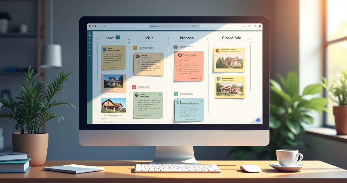 Quadro Kanban digital mostrando etapas do funil de vendas imobiliário 