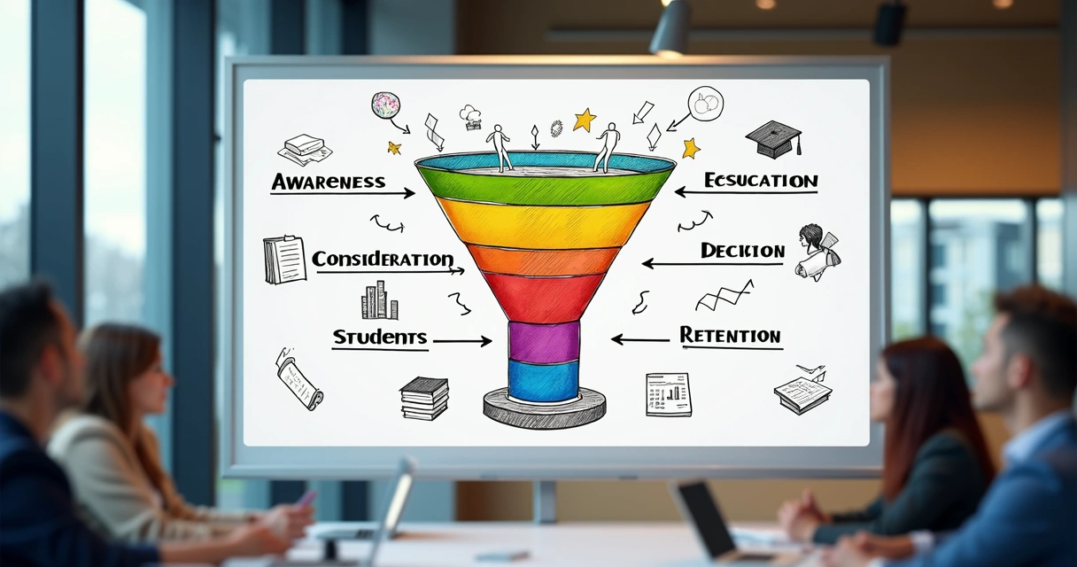 Fluxo do funil de vendas escolar em quadro ilustrativo 