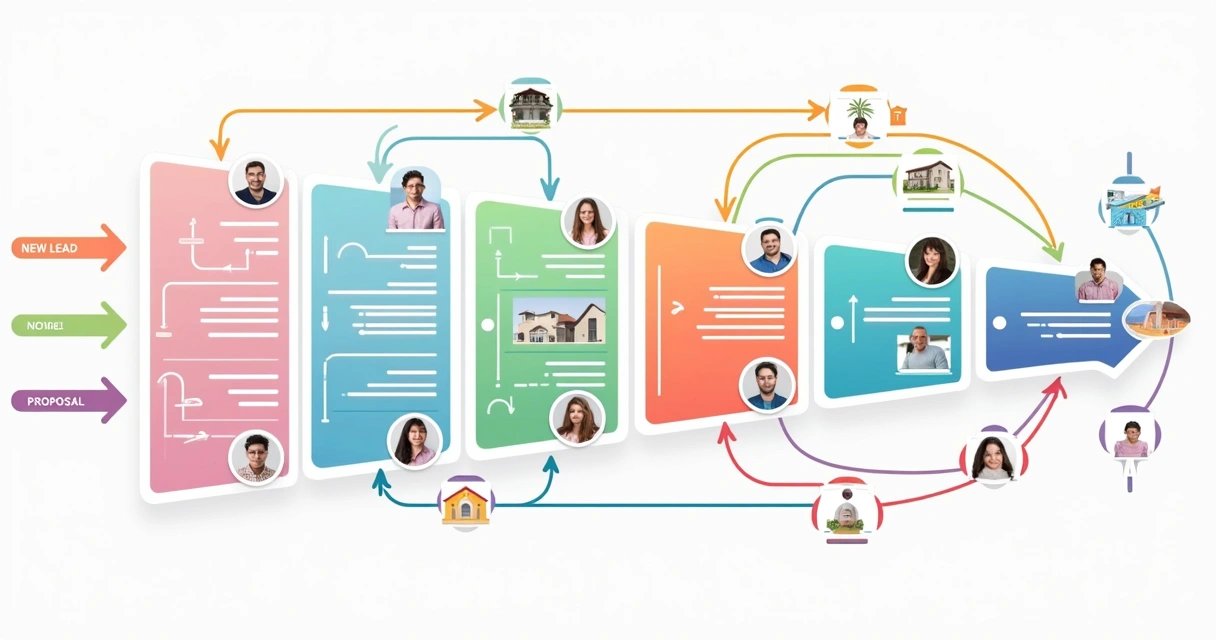 Representação visual de um funil de vendas imobiliário estilo kanban. 
