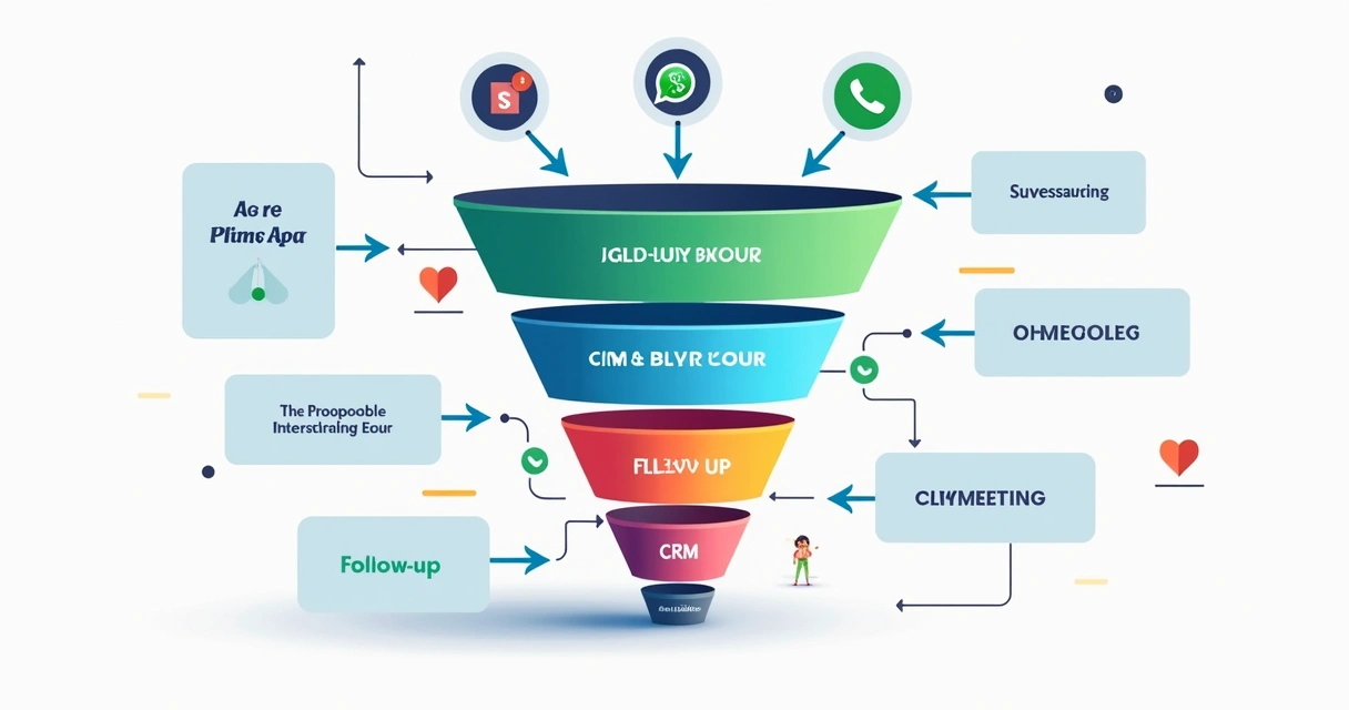 Diagrama simples mostrando etapas de um funil de vendas conectado ao WhatsApp e CRM