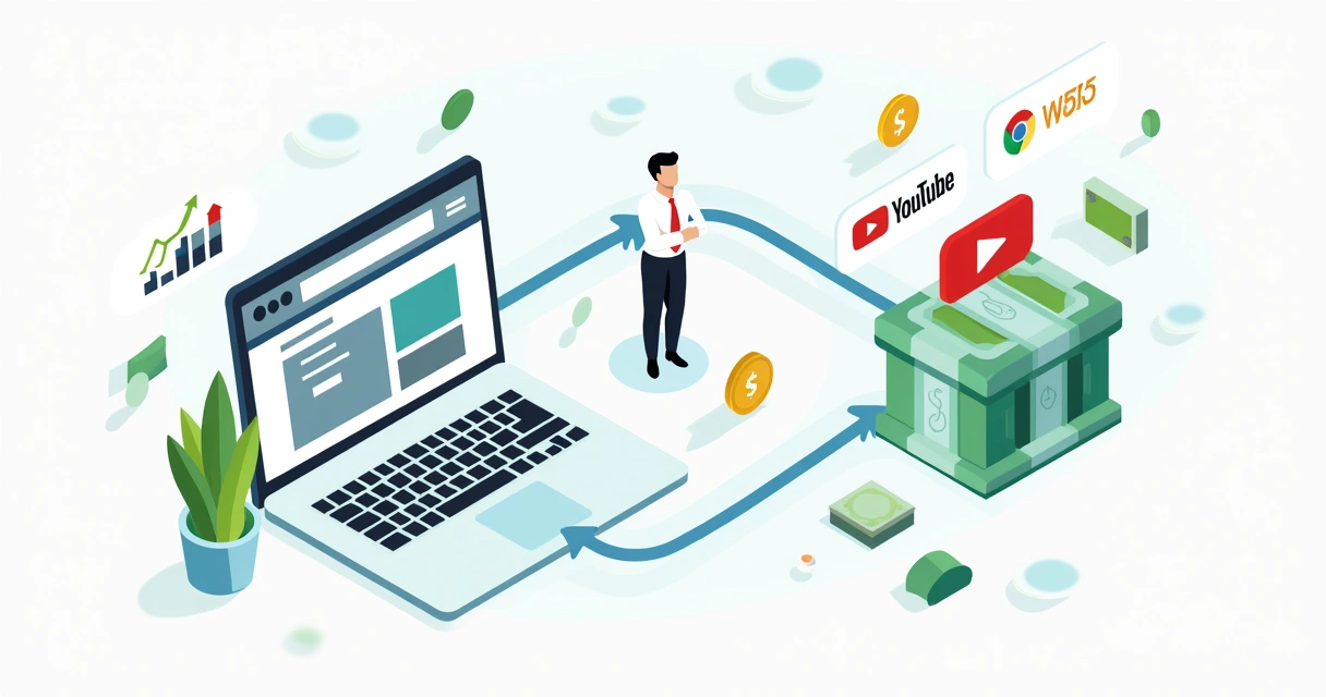 Representação do fluxo de ganhos e pagamentos no Google AdSense 