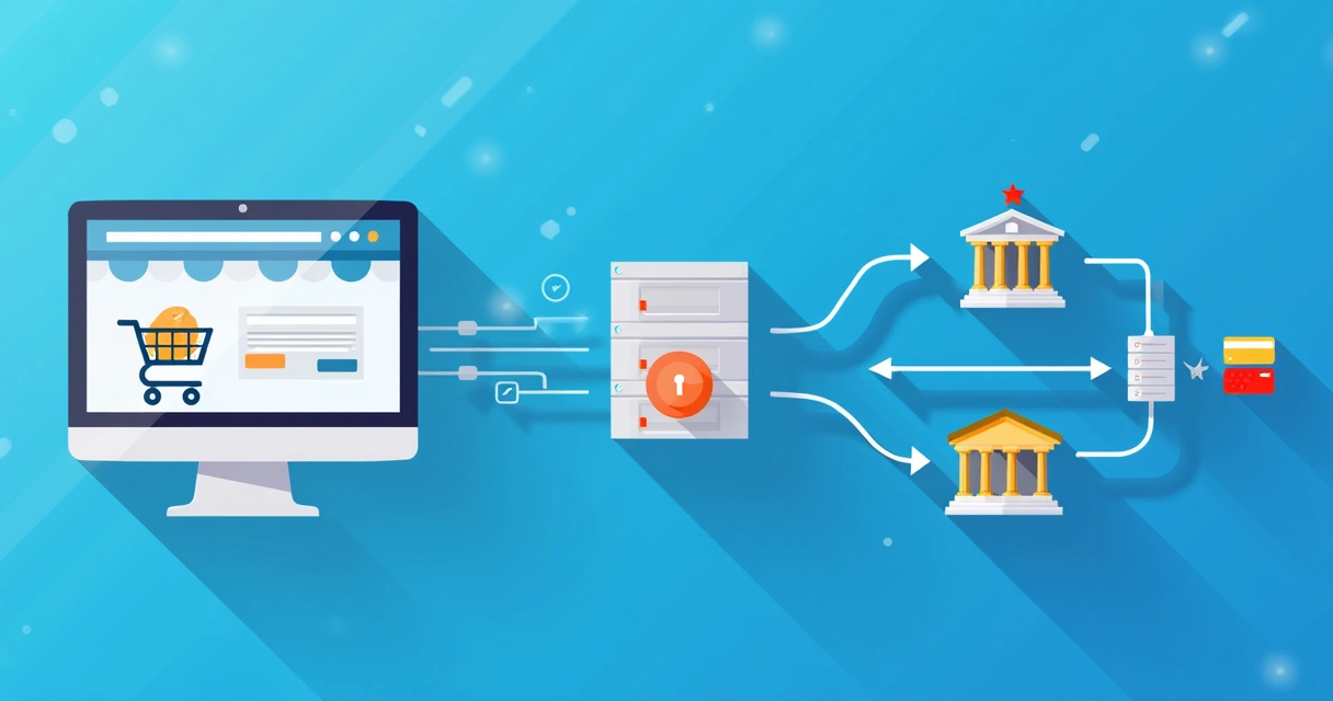 Diagrama ilustrando o fluxo de transações em um gateway de pagamento, com setas conectando loja virtual, gateway, bancos e adquirentes