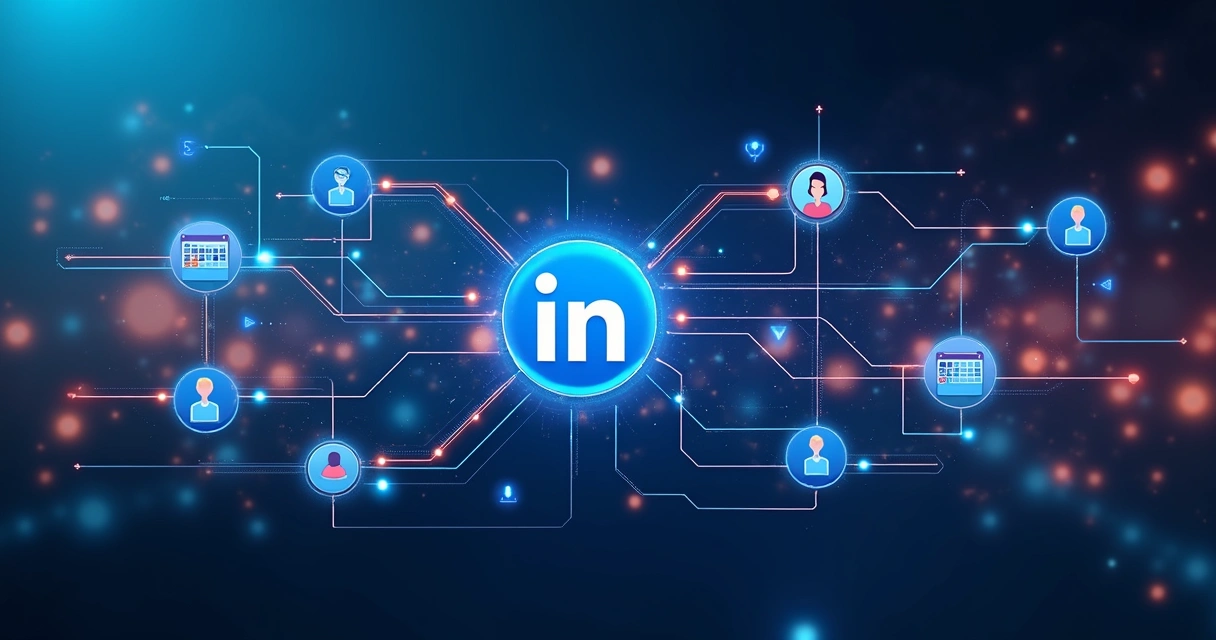 Fluxograma de automação digital com ícones do LinkedIn e setas conectando ações