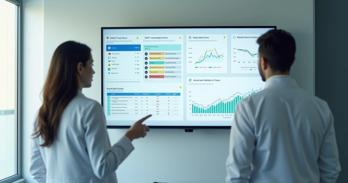 Painel digital exibindo fluxo de guias TISS e TUSS com indicadores de glosas reduzidas 