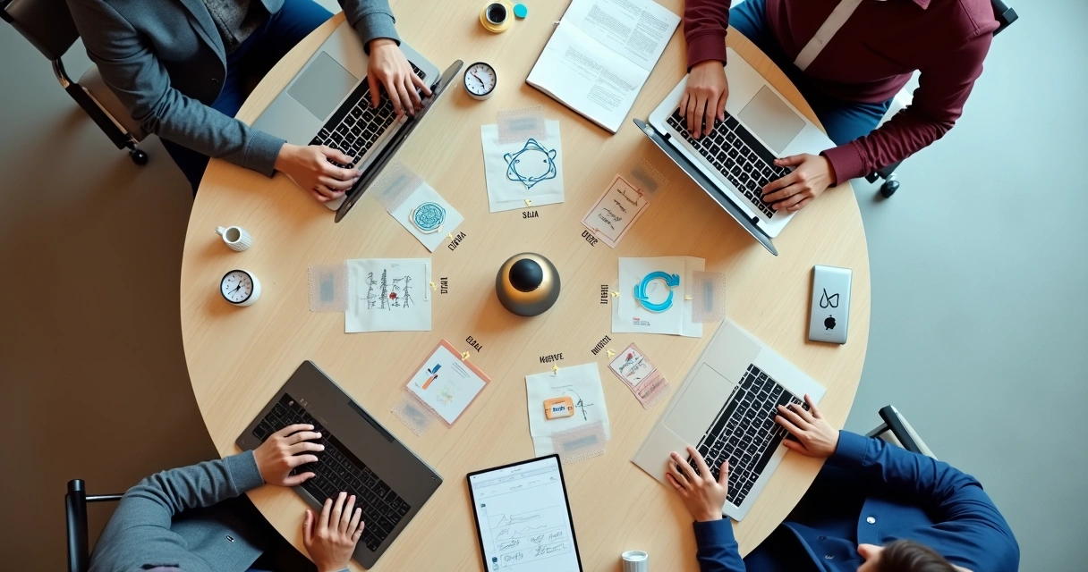 Profissionais de TI em mesa redonda com objetos representando fluxo de help desk 