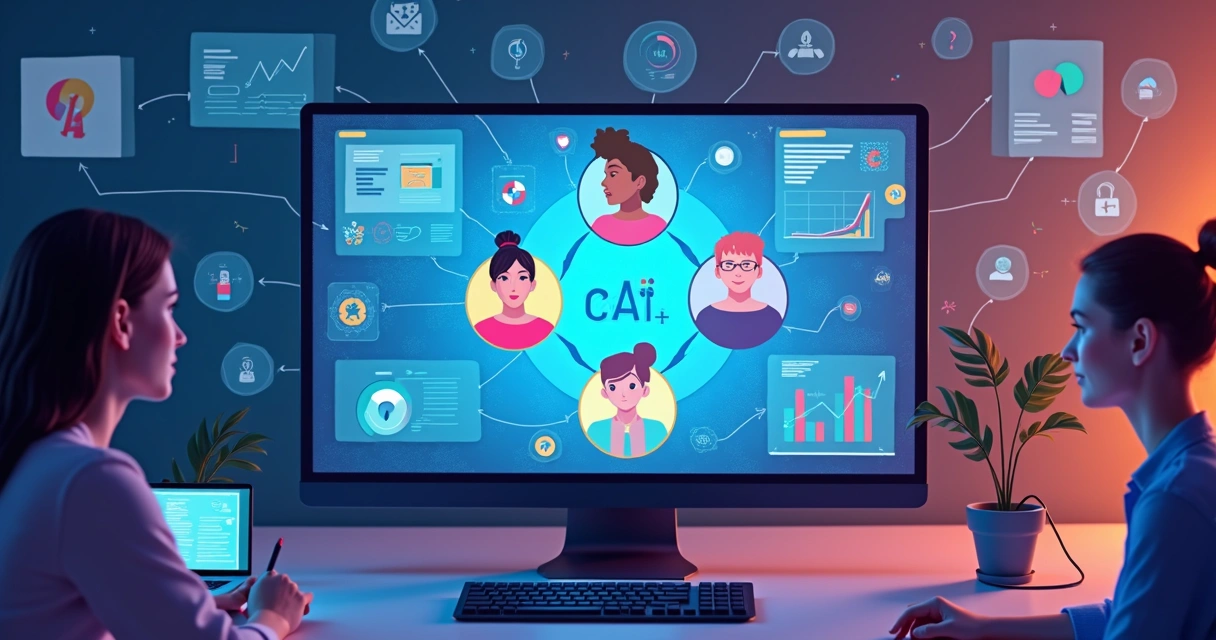 Fluxo visual de inteligência artificial selecionando afiliados digitais diversos na tela de um computador 