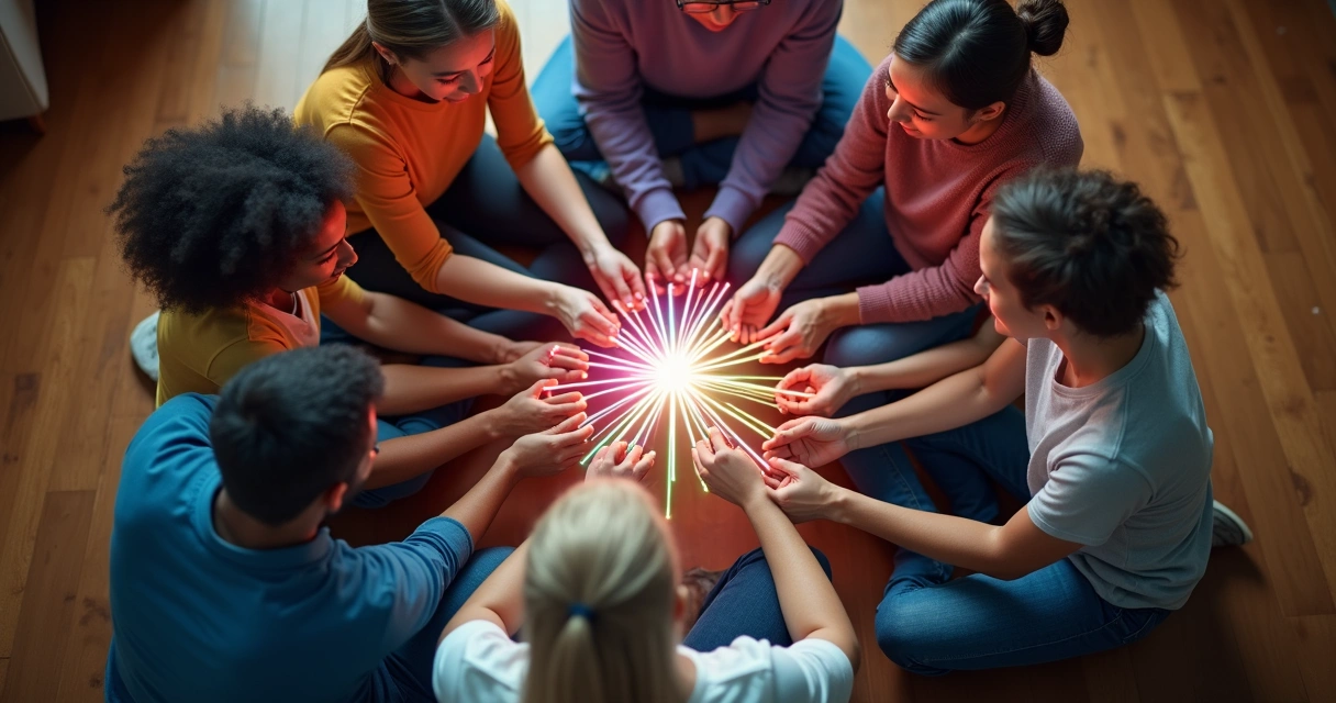 Fluxo de ideias representado por luzes conectando diferentes pessoas sentadas em círculo 