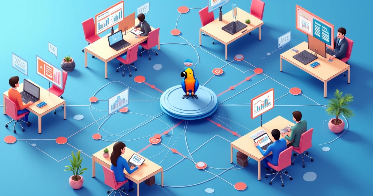 Fluxo digital de informações entre departamentos empresariais conectando setores 