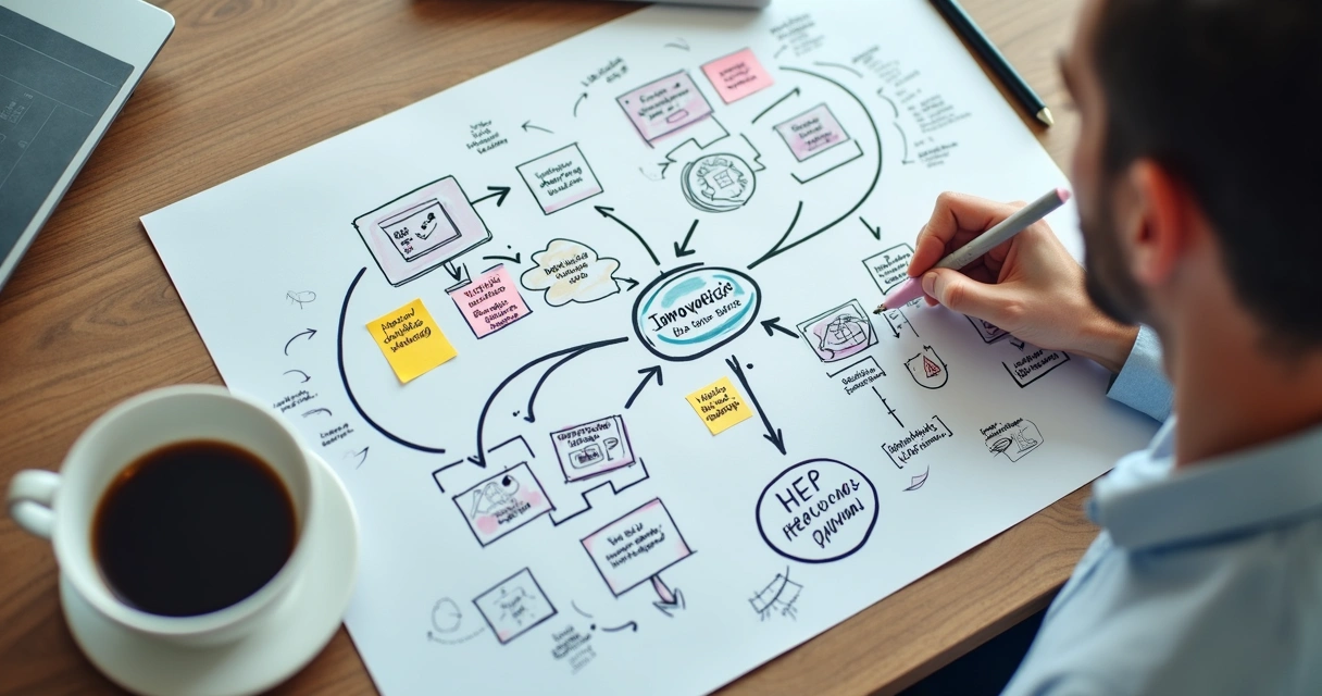 Fluxo ilustrado do processo de inovação dentro de uma empresa. 
