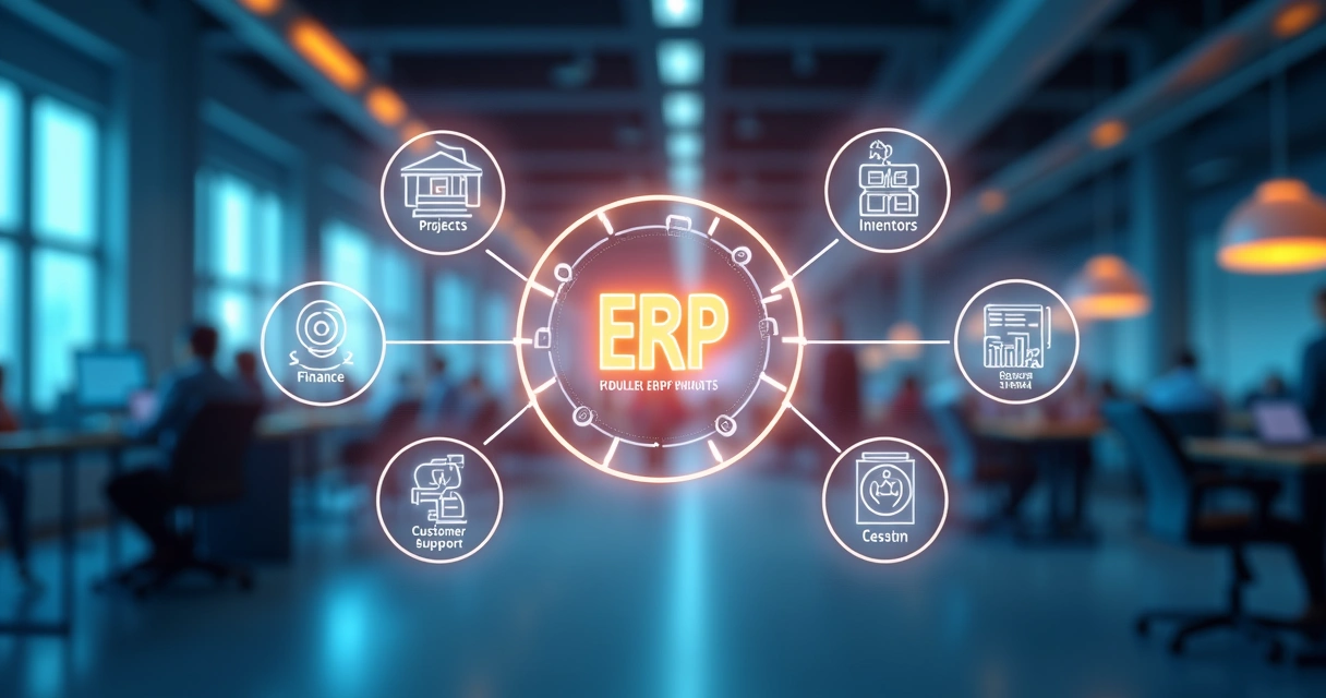Fluxo visual colorido de integração de departamentos por um ERP B2B 