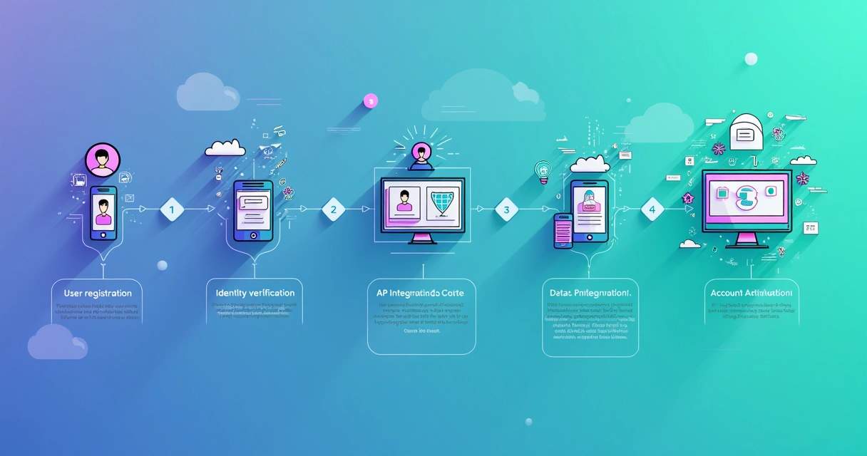 Fluxo de integração de APIs ilustrado por diferentes etapas com conexões digitais 
