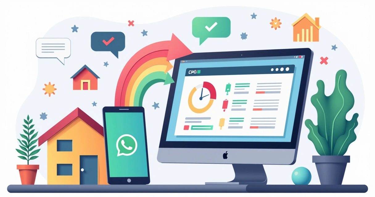Fluxograma colorido conectando CRM e WhatsApp na tela do computador 