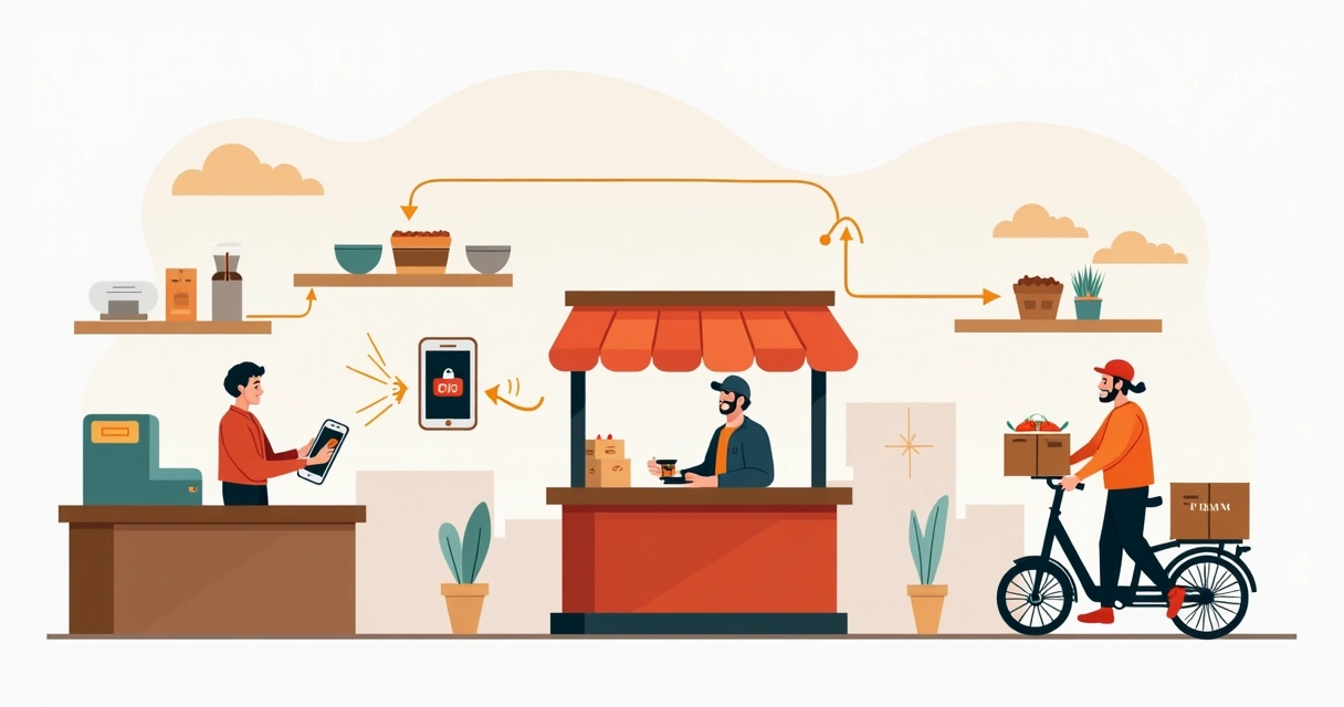 Fluxo digital entre PDV, iFood e Rappi ilustrado em restaurante moderno