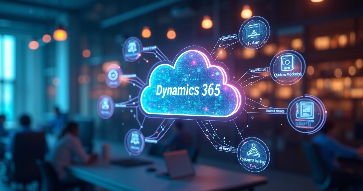 Diagrama com integração entre setores da empresa usando Dynamics 365 
