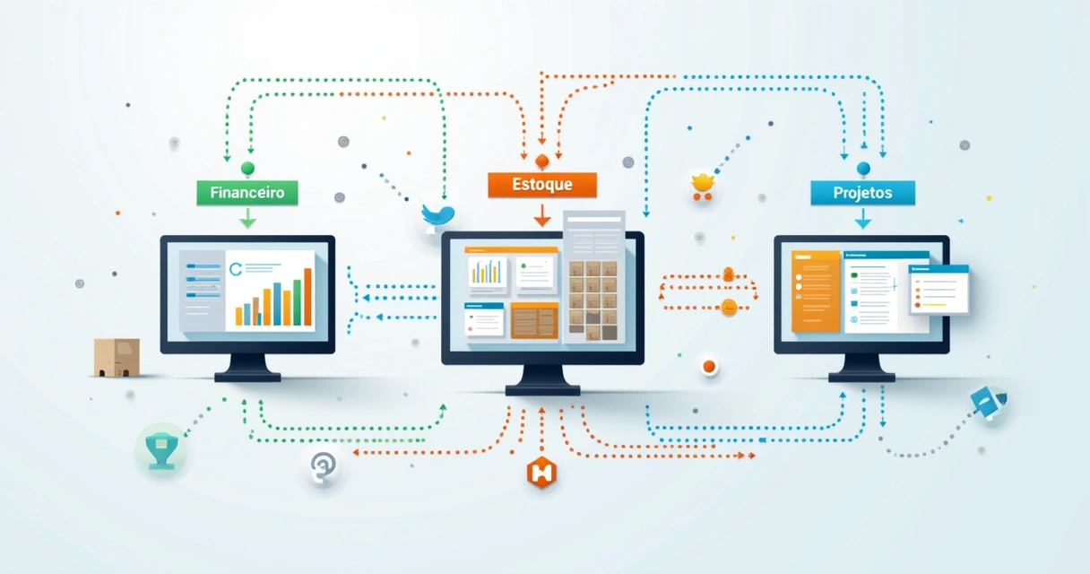 Fluxo de integração entre módulos ERP de financeiro, estoque e projetos 