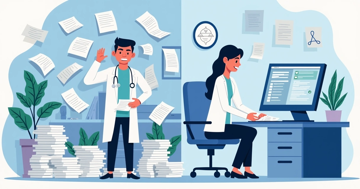 Fluxo digital e papel, médicos usando sistema e guias manuais 