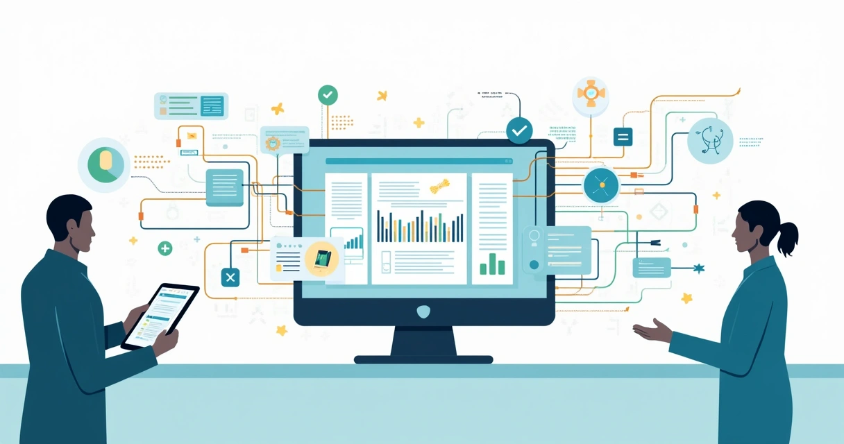 Fluxo de integração entre convênios e plataforma médica em ilustração corporativa 