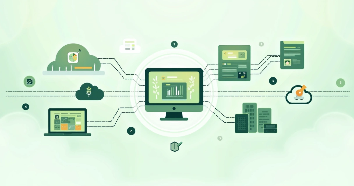 Fluxo digital de integração de dados diversos chegando em um painel central de BI 