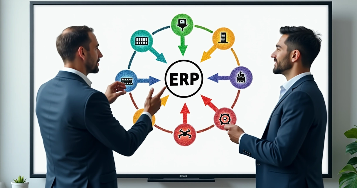 Fluxo de integração entre setores industriais representado por setas e ícones 