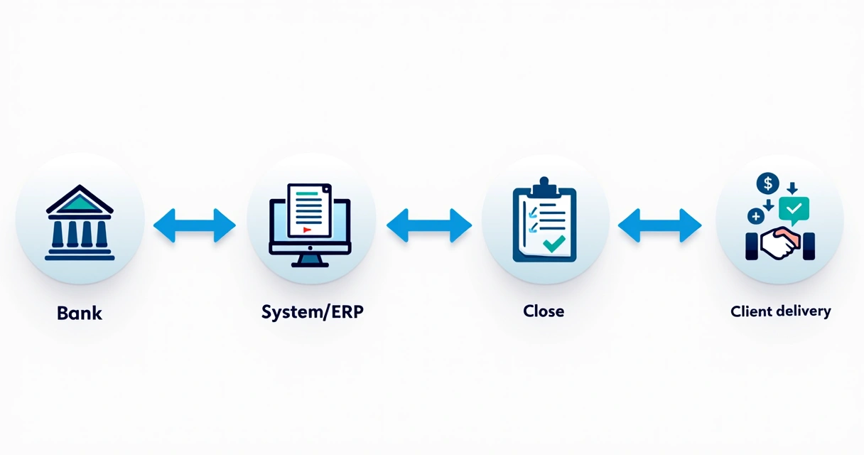 Fluxo visual mostrando integração entre bancos, sistema contábil, fechamento e entrega ao cliente 