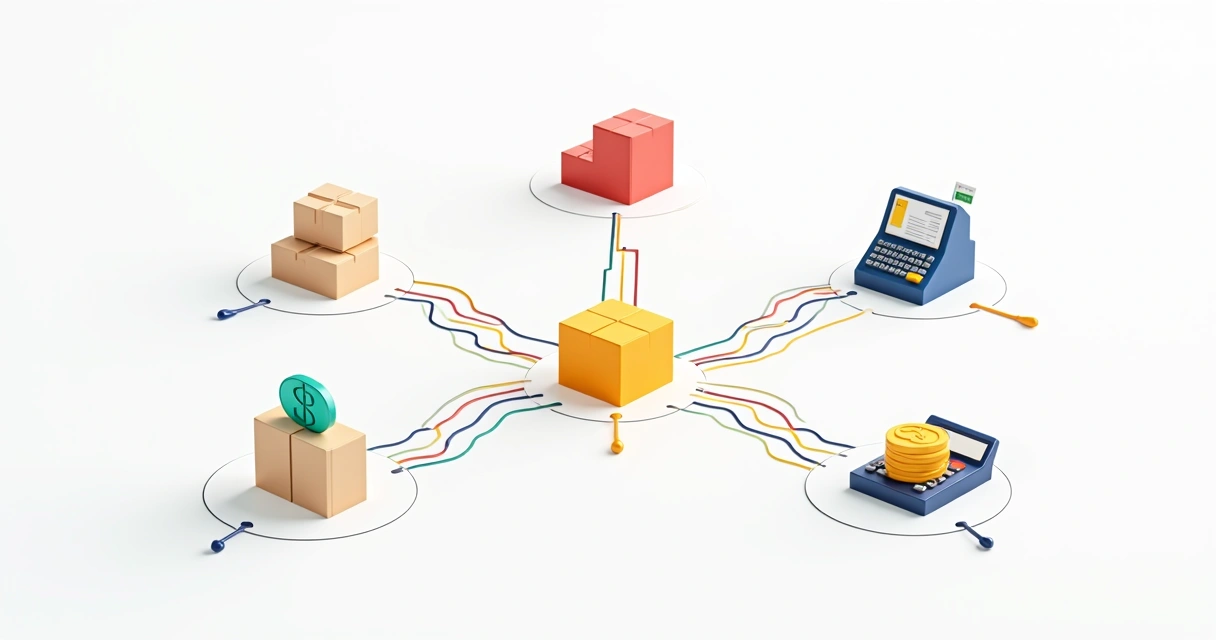 Fluxo de integração entre setor de estoque, vendas e financeiro com ícones conectados