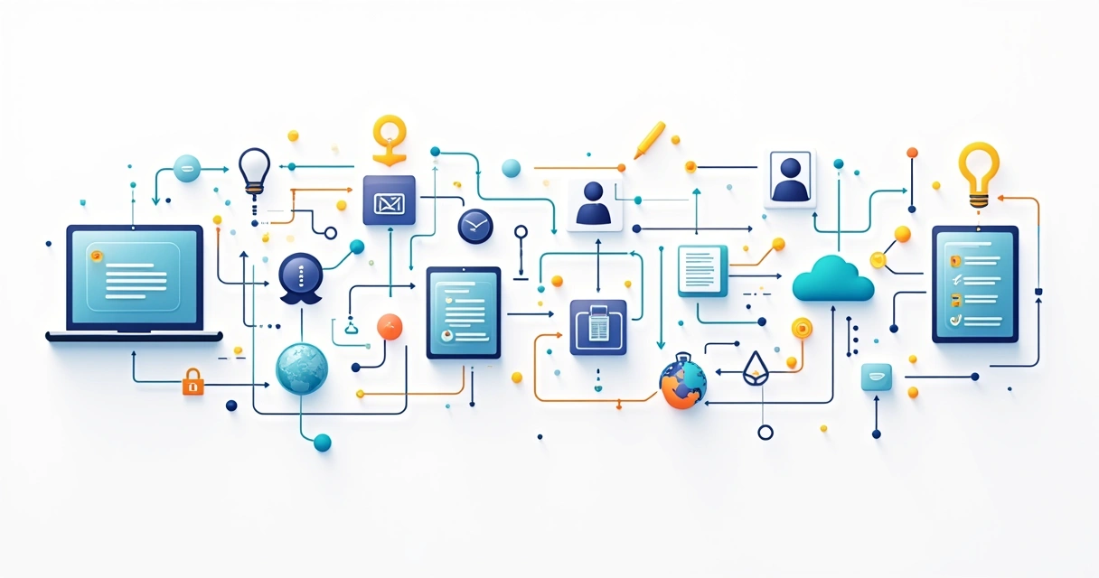 Fluxo digital entre sistemas escolares representado por ícones interligados com setas coloridas 