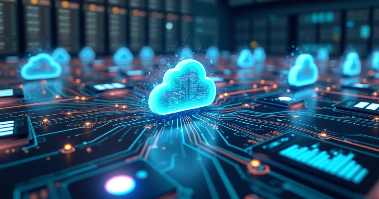 Fluxo visual de integração entre diferentes sistemas com setas indo e vindo entre bancos de dados, aplicativos e servidores 