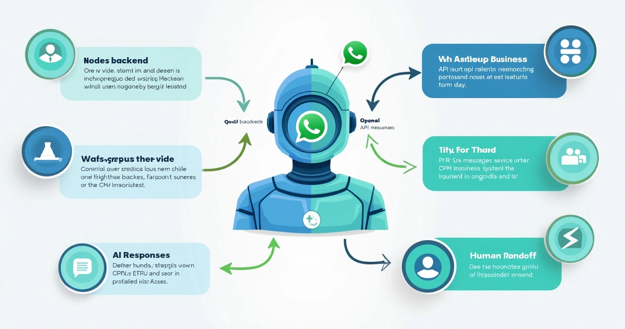 Diagrama de integração de chatbot IA com WhatsApp mostrando as conexões entre a API, o backend e sistemas internos 