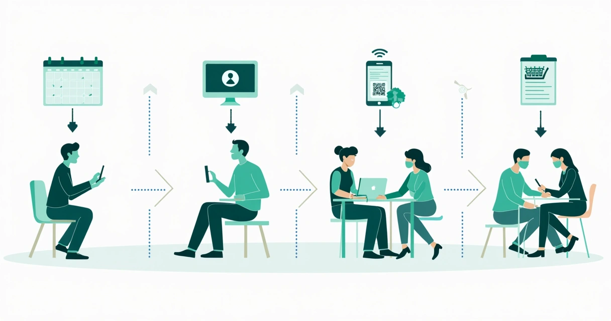 Fluxo visual de integração entre agendamento, atendimento e pagamento online em clínica 