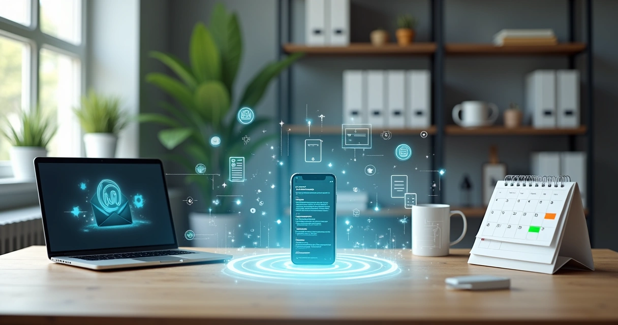 Fluxo visual integrando e-mail WhatsApp e calendário em ambiente de backoffice 