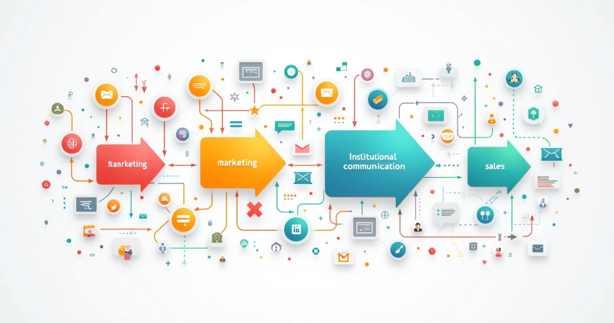 Fluxograma colorido integrando marketing, vendas e comunicação digital
