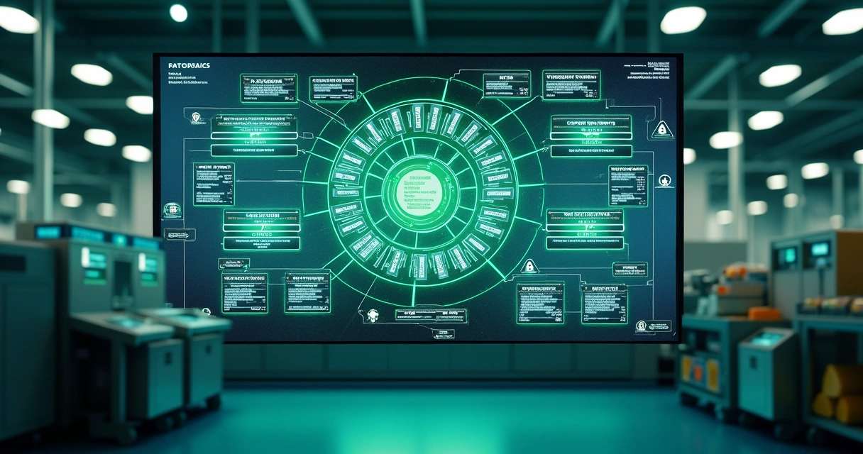 Fluxo integrado de setores em fábrica de alimentos, com linhas digitais conectando áreas