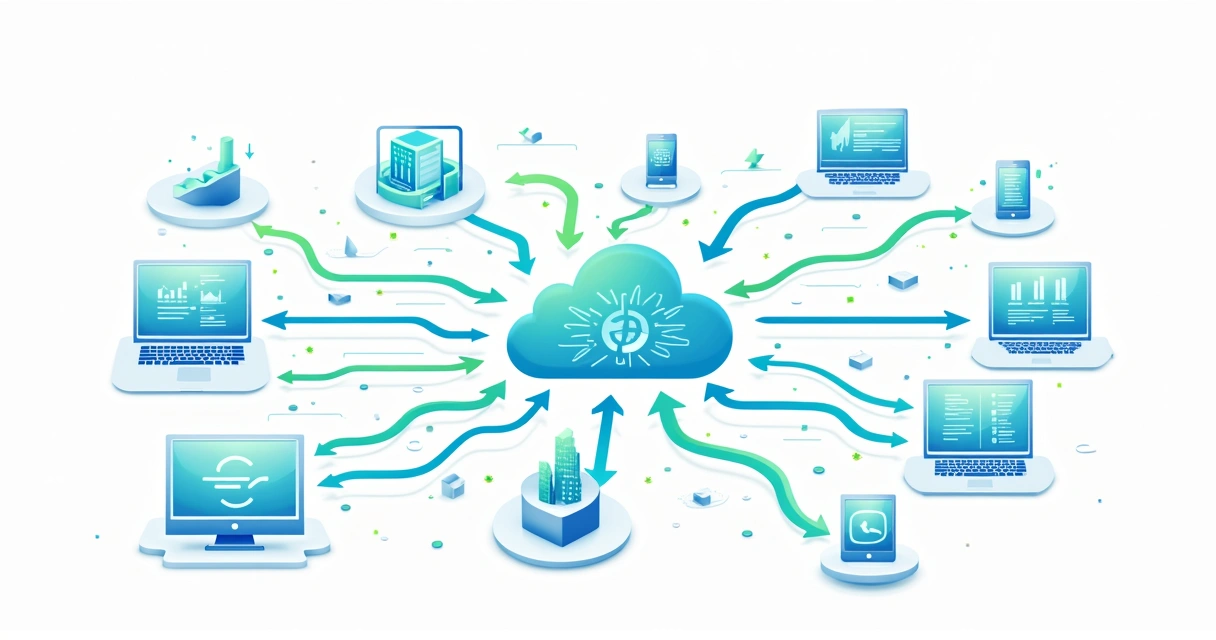 Diagrama mostrando integração de marketing, vendas e tecnologia, tudo conectado por setas com dados fluindo 