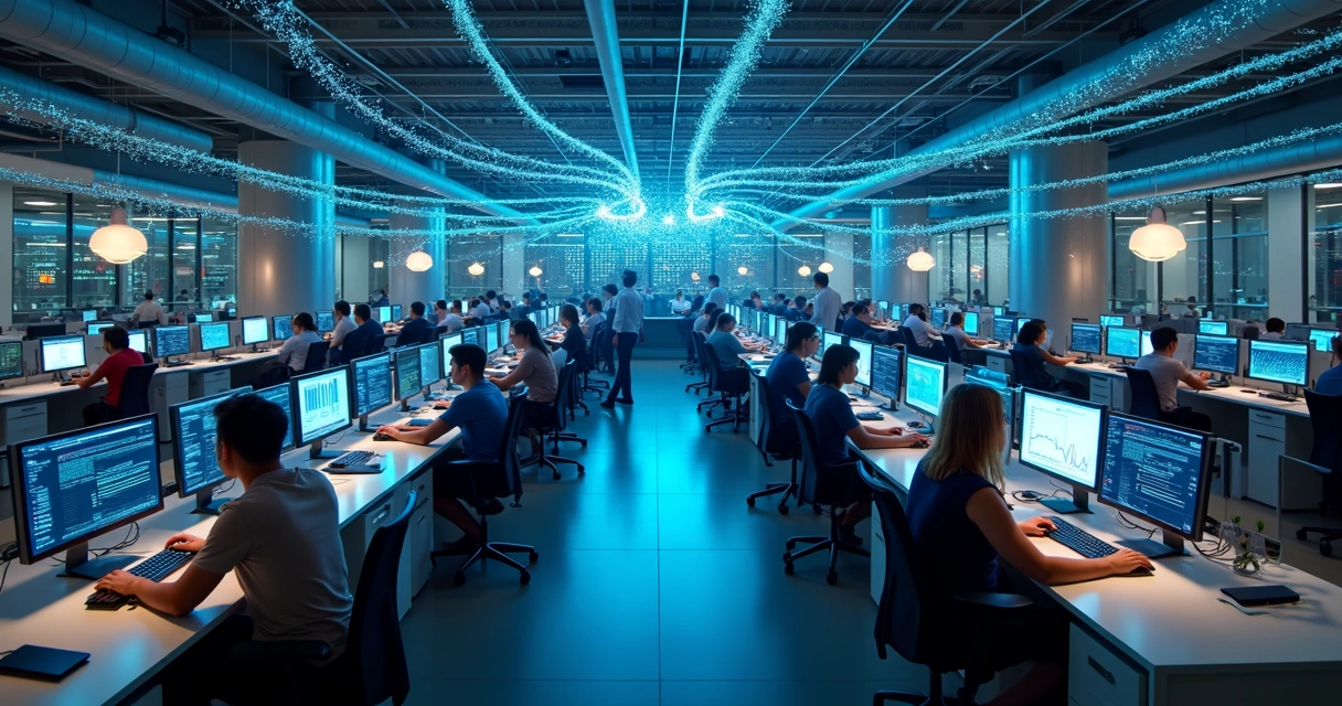 Fluxo de automação com IA conectado a vários departamentos de empresa 