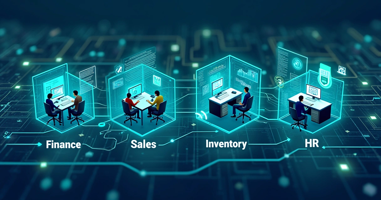 Ilustração de fluxos automatizados entre setores financeiro, vendas, estoque e RH com conexões digitais 