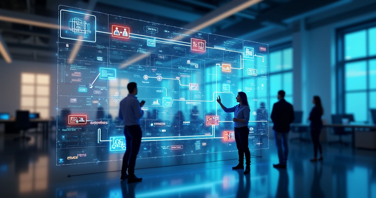 Fluxo de vendas inteligente visualizado em tela digital com ícones de automação e tecnologia no-code 