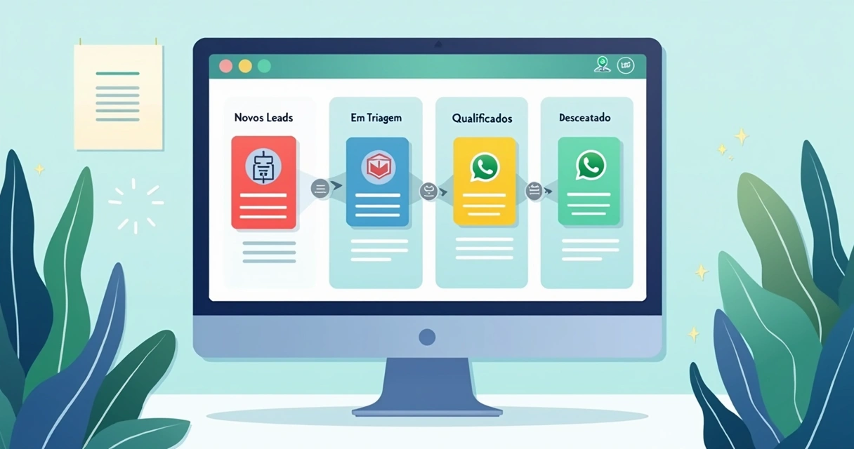 Fluxo Kanban com cartões de leads sendo organizados automaticamente