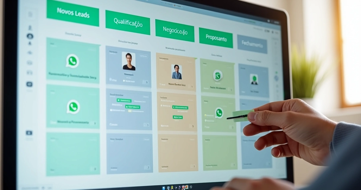 Quadro Kanban digital colorido com cartões de clientes em fases do funil de vendas no WhatsApp