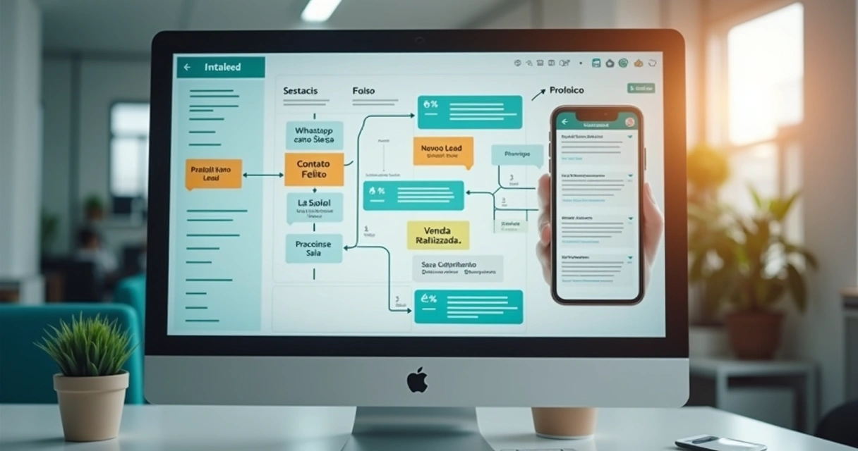 Fluxo de lead em uma clínica, desde WhatsApp até conversão de venda visualizado em quadro Kanban
