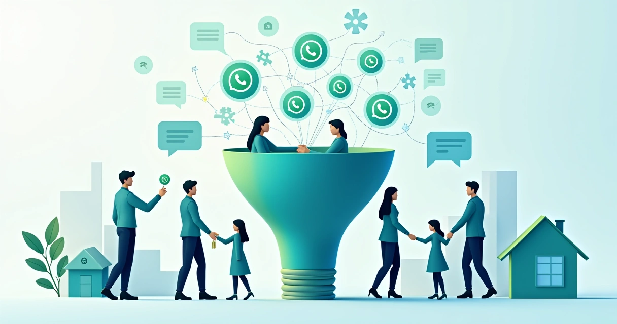 Fluxo visual de leads entrando em um funil digital, com ícones de WhatsApp 