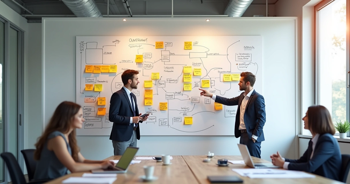 Desenho digital do fluxo simplificado Lean em uma parede de escritório, post-its coloridos 