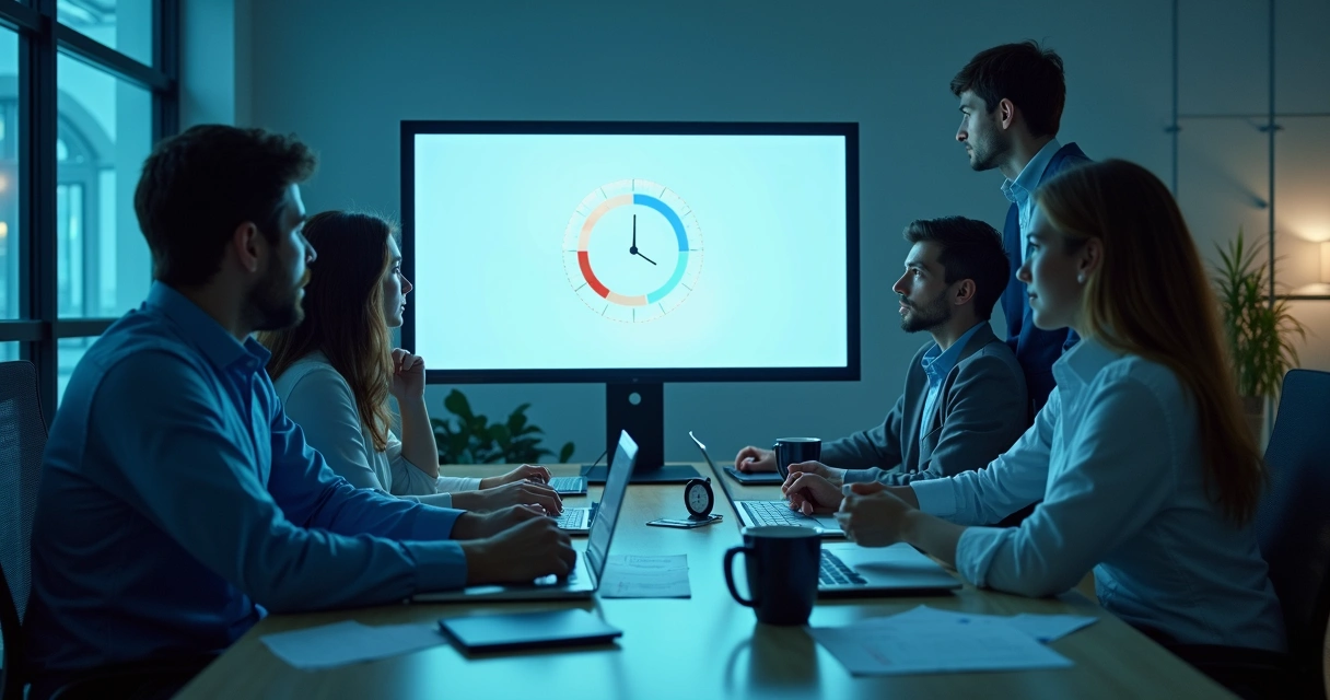 Equipe olhando para tela aguardando processamento de sistema 