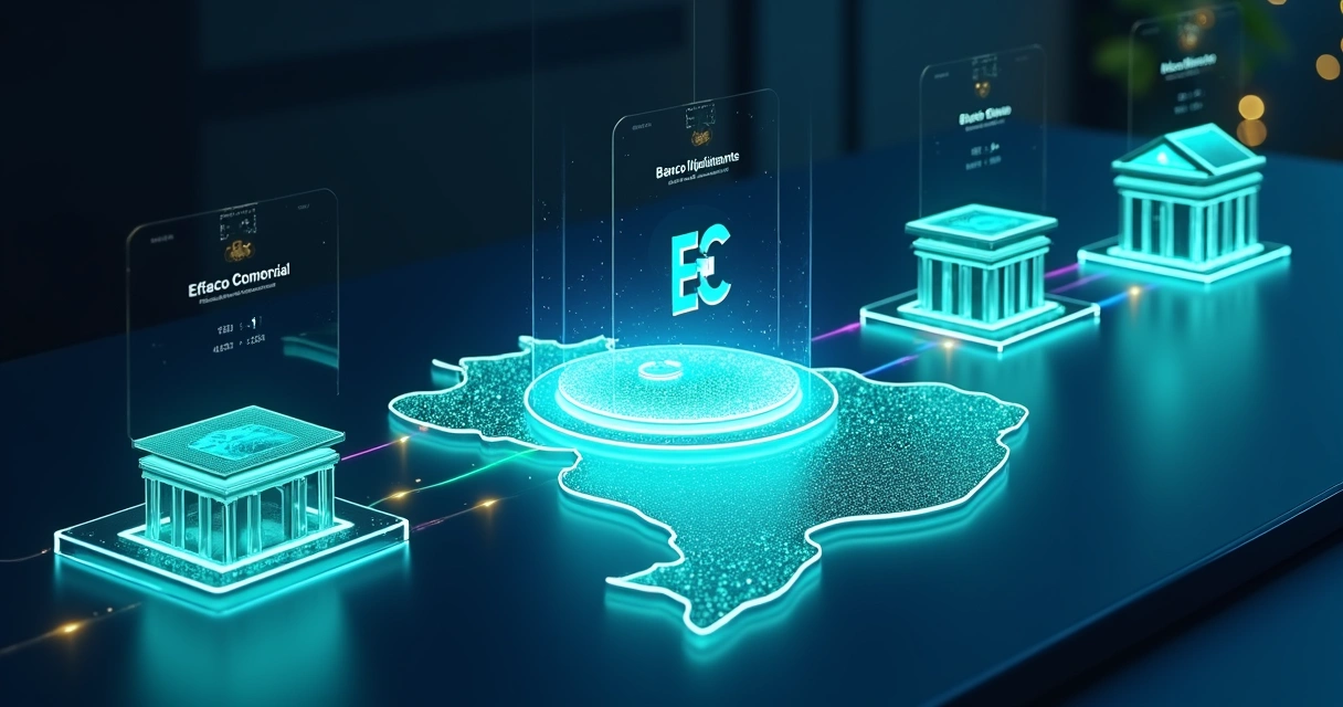 Fluxo digital de liquidação de pagamentos conectando empresa, câmara de compensação e bancos 