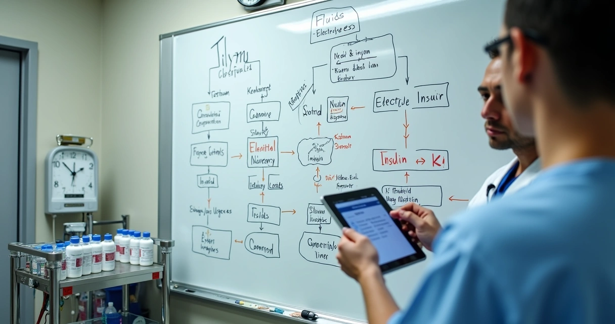 Quadro branco em sala de emergência com diagrama de manejo da cetoacidose diabética 