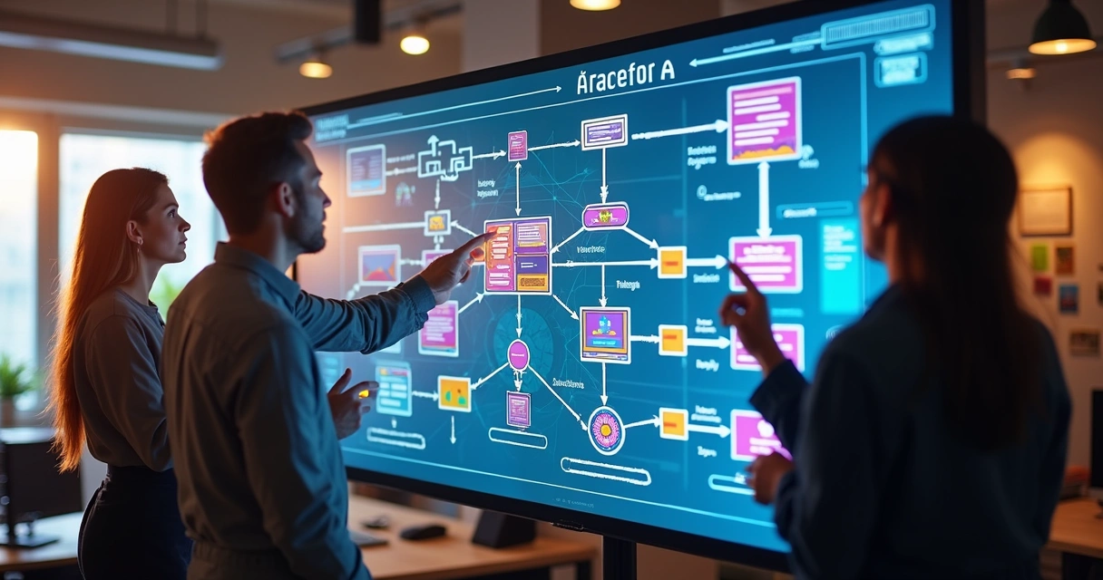 Diagrama desenhado com etapas de processos e ícones de automação 