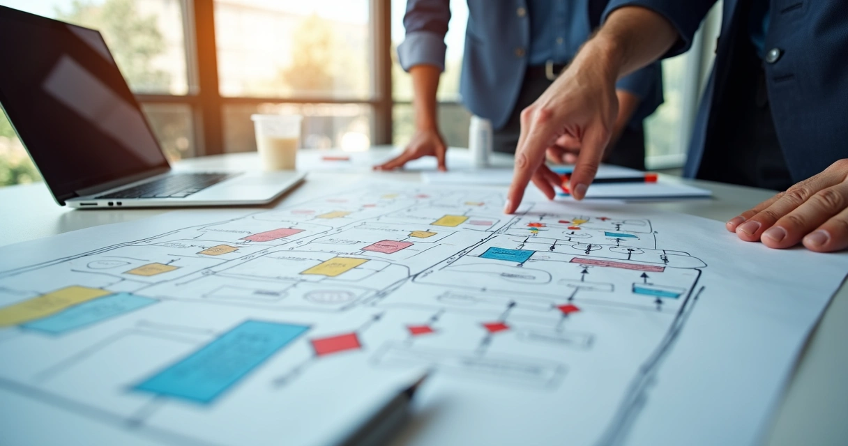 Fluxograma colorido destacando gargalos em processos empresariais 