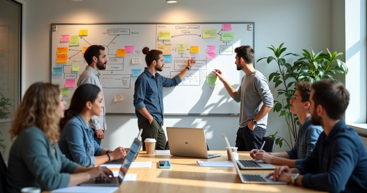 Fluxo de mapeamento de processos com post-its e equipe reunida