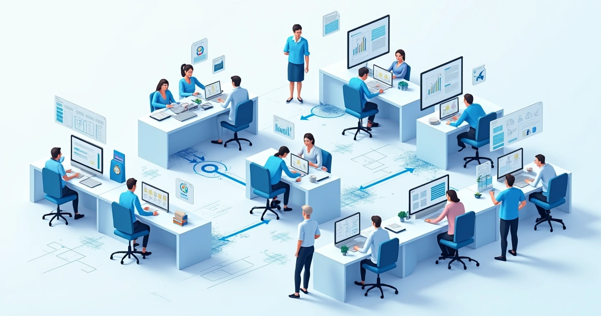 Fluxograma simples mapeando processos internos da empresa com ícones de pessoas, documentos e sistemas. 